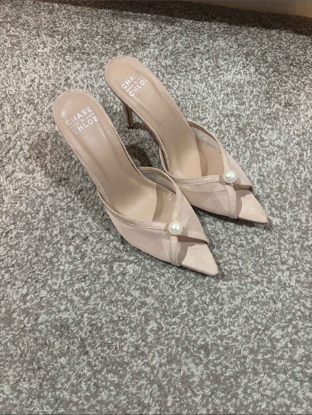 Chase + Chloe Blush Pointed-Toe Pearl-Accent Mules